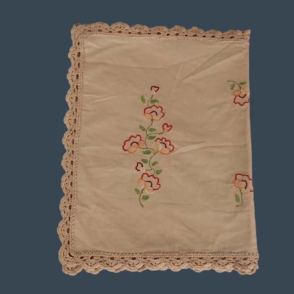 Embroidered Flowers Floral Table Runner Dresser Scarf With Crocheted Edges 57